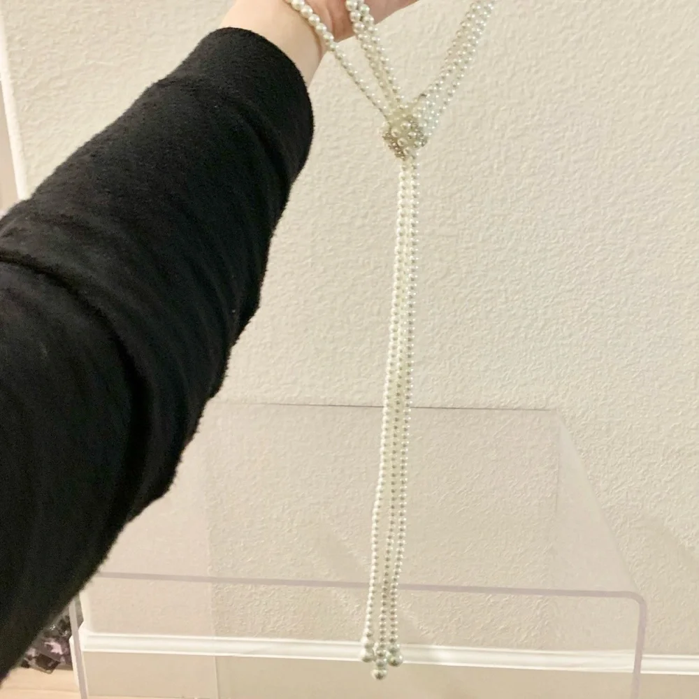 🐚 Triple Strand Glass Pearl Crystals Lariat Choker Statement Necklace - Picture 6 of 7